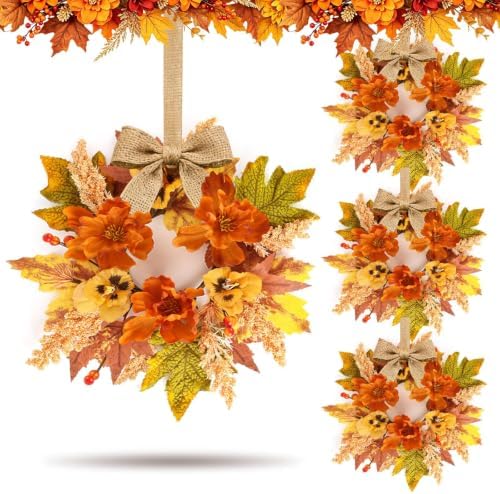 Mini Fall Wreath for Cabinet, Artificial Autumn Wreath with Maple Leaves, Peony, Burlap Bow, Orange Berries, Harvest Thanksgiving Wreath Indoor Outdoor Front Door Home Wall Window Decor by Unknown