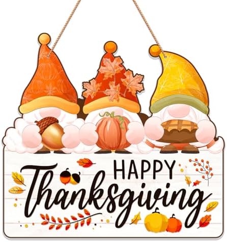 Happy Thanksgiving Door Sign Decorations - Thanksgiving Gnomes Wreath Sign for Front Door Gnomes Thankful Fall Autumn Wall Decorations for Home Indoor Outdoor Decor by GMEMNOV
