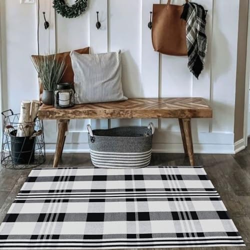 Fall Décor Plaid Rug, 2'4" x 3'7" Black&White Check Indoor/Outdoor Area Rug, Layering Rug for Hello/Welcome Doormat, Machine Washable Cotton Woven Rugs for Farmhouse Front Porch,Entryway - Image 6