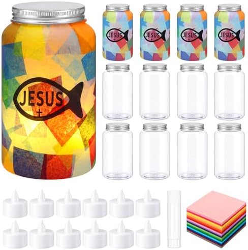 Qinyoung 12 Pcs Religion Faith Jesus Fish Crafts Mason Jars Tissue Paper Crafts with LED Candle Light DIY Suncatchers Decoration Make Your Own VBS Mason Jars Supply for Sunday School Projects Activity by Qinyoung