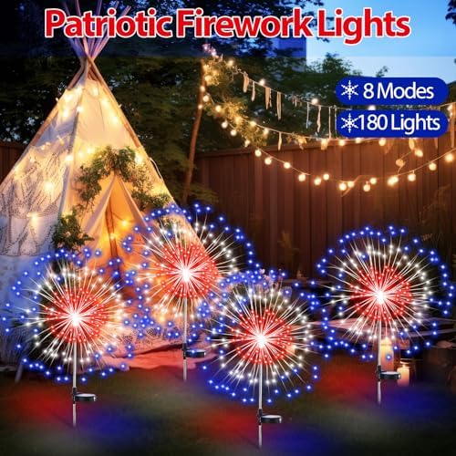 Tujoe 12 Pcs 4th of July Solar Firework Stake Lights 180 LED 8 Modes - Image 3