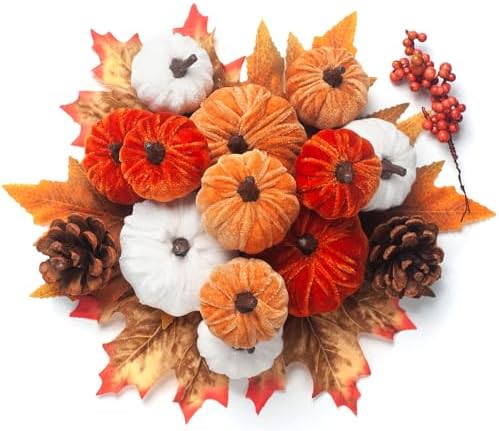 21 PCS Fall Artificial Velvet Pumpkins Set, Fake Fabric Pumpkin Faux Foam Pumpkins, Orange Khaki White Pumpkin Decorations for Fall Harvest Thanksgiving Farmhouse Mantel Centerpiece by GHGMAO