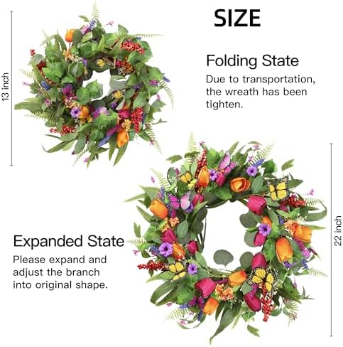 Sggvecsy Spring Summer Wreath for Front Door 22 Inch Artificial Tulips Wreath with Eucalyptus Leaves Lavender Ferns Colorful Silk Flowers Butterflies for Home Farmhouse Indoor Outdoor Wall Decor - Image 5