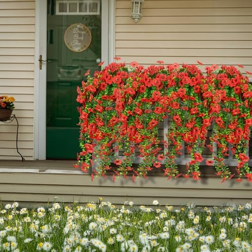 LikSoor 4 Pcs Artificial Outdoor Hanging Plants Spring Summer Decoration UV Resistant Faux Silk Flowers for Outside, Garden, Porch, Window, Home Decor (Red) - Image 5
