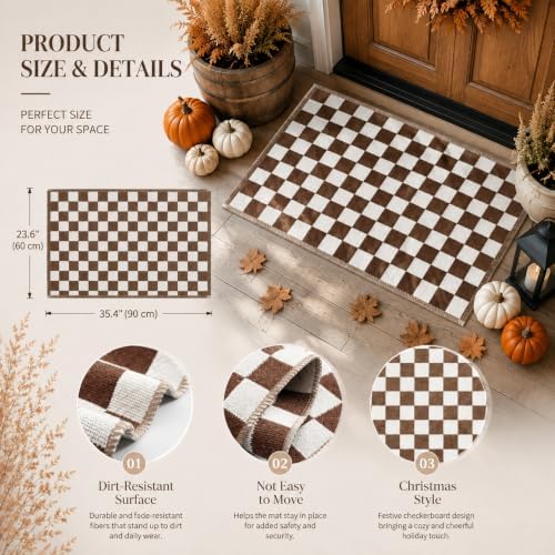 Duraaamo Brown and White Checkered Rug 2' x 3' for Fall Outdoor Decor - Image 2