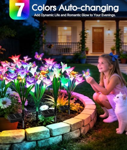KOOPER Solar Lights Outdoor Garden Decor 4 Pack, 16 Lily Flowers and 12 Swaying Butterflies, IP65 Waterproof 7 Color Changing Solar Flower Lights for Yard Patio Pathway, Gifts for Mom Women Grandma - Image 2