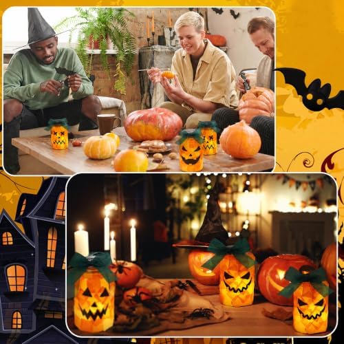 Qinyoung 12 Pcs Halloween Jack-o-lantern Crafts Pumpkin Mason Jars with LED - Image 5