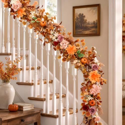 6FT Fall Garland for Mantle, Pumpkin Dahlia Garland Fall Decor - Image 3