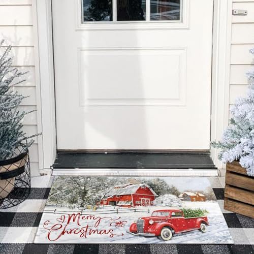 Merry Christmas Door Mat Outdoor for Front Door,Red Truck Snowflake Snow Welcome Doormat,Winter Xmas Holiday Floor Rugs for Indoor Porch Entrance Farmhouse Decor 30" x 17" - Image 4