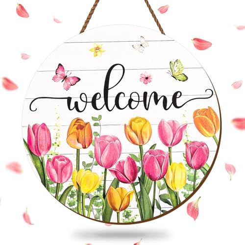 JarThenaAMCS Spring Tulip Welcome Door Sign Easter Summer Wildflower Butterfly Wooden Hanging Decoration Wreaths Floral Front Door Sign for Home Indoor Outdoor Porch Wall by JarThenaAMCS