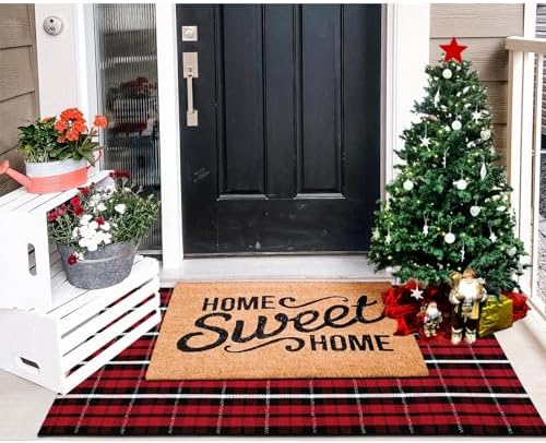 Christmas Front Door Mat Outdoor 2'X4.3' Red Plaid Porch Rug Welcome Mat - Image 2