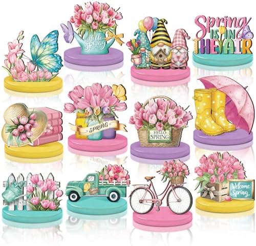 Amyhill 12 Pcs Spring Table Decorations Wooden Tabletop Centerpiece Wooden Table Sign for Tiered Tray Fiesta Carnival Party by Amyhill