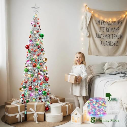 N&T NIETING Pop Up Silver Mix Tinsel Christmas Tree with Lights & 30 Balls, 5Ft Collapsible Skinny Christmas Tree for Holiday Xmas Home Office Decor - Image 5