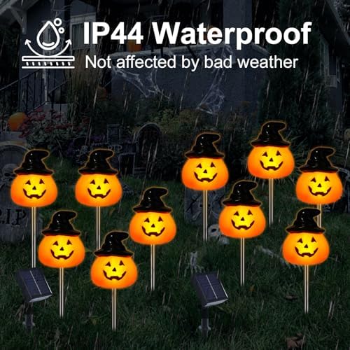 BRIGHTDECK Halloween Pumpkin Stake Lights, Set of 10 Solar Pumpkin Lights, Waterproof Halloween Decorations for Outdoor Garden and Yard (Hat Pumpkin) - Image 6