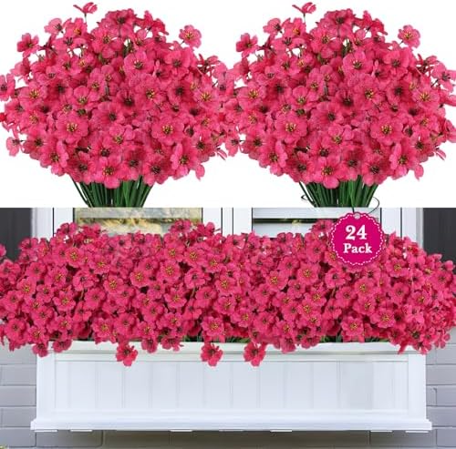 24PCS UV Resistant Artificial Flowers for Outdoors, Rosy Red by AmberFun