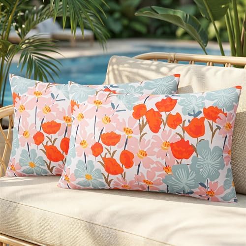 Pyonic Floral Outdoor Lumbar Pillows Covers 12x20 inch Waterproof Spring Summer Decor Outdoor Pillows for Patio Furnture Garden Bench Porch by PyonicThrowPillowCovers