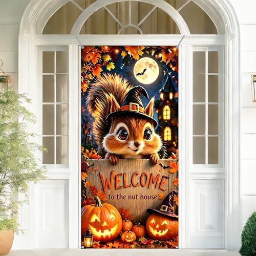 Halloween Door Cover 35.4x70.8in, Cute Squirrel Witch Hat Welcome to The Nut House Front Porch Banner, Jack-o-Lantern Pumpkin Fall Backdrop for Indoor Outdoor Home Yard Decorations - Image 5