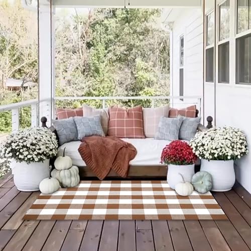 Homydecor Buffalo Plaid Outdoor Rugs, 28'' x 43'' Coffe and White Checkered Area Rug, Layering Rug for Hello/Welcome Door Mat, Washable Cotton Woven Farmhouse Mat for Front Porch Décor - Image 7