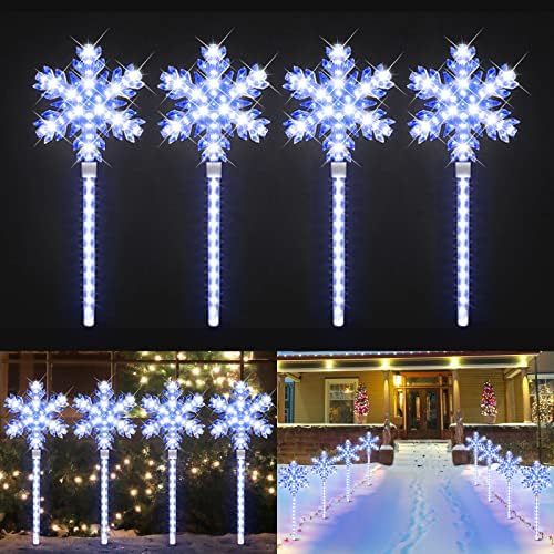 Ultra-Bright Shooting 17" 568 LED Snowflake Lawn Stake Light 4 Stakes Total Christmas Outdoor Decoration with UL Standard Adaptor for Outdoor Pathway Lawn Holiday Party Home(White and Blue) by GLOWNOVA