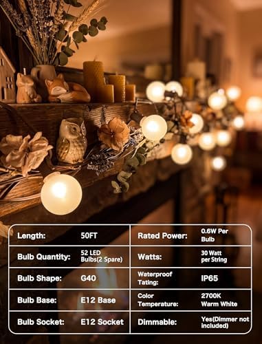 SUNSGNE 50FT Brown Outdoor Edison String Lights, Waterproof Shatterproof LED Globe String Lights with 50 G40 LED Frosted White Bulbs for Backyard Patio Porch Balcony Party Decor, E12 Base - Image 6