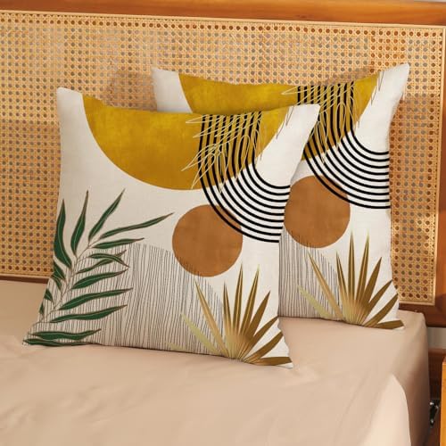 Boho Pillow Covers 18x18 Set of 2 Gold Yellow Sun Throw Pillows Summer Green Tropical Leaf Decor Mid Century Pillowcase Outdoor Decorations Bohemian Style Linen Cushion Case for Couch Home - Image 2