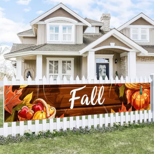 BlissYard Fall Banner 118 x 20 inchs Autumn Thanksgiving Outdoor Decoration Garden Fence Banner Fall Thanksgiving Leaves Pumpkin Yard Lawn Porch Hanging Decor by BlissYard
