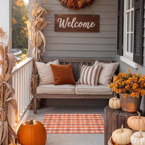 Breling Fall Outdoor Rug Rust Orange Plaid Porch Doormat - Image 5