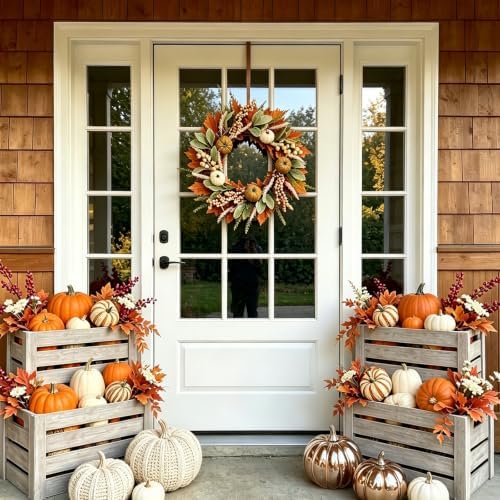 18 Inch Fall Wreath Maple Leaf Pumpkin for Front Door - Image 6