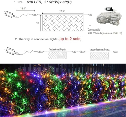 510 LED Christmas Net Lights, 28ft x 5ft Mesh Lights Outdoor Clear Wire 8 modes, Waterproof Connectable String Lights Plug in for Xmas Tree Bushes Garden Holiday Party Decorations - Multicolor - Image 6