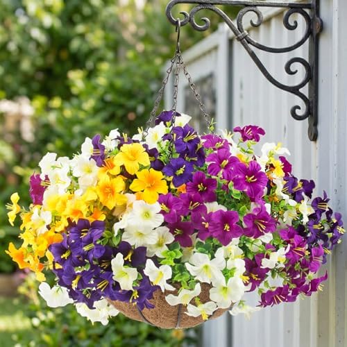 2 Set Artificial Outdoor Flowers with Hanging Baskets,24 Pcs UV Resistant Faux Petunias Flowers with Hanging Planter for Front Door Porch Spring Outside Decor (2, White,Yellow,Purple,RedViolet) - Image 5