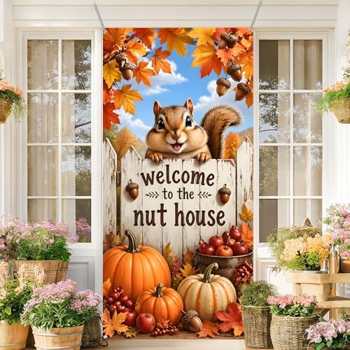 Fall Door Cover Halloween Thanksgiving Decor 35.4x70.8in, Welcome to The Nut House Squirrel Front Door Banner, Autumn Pumpkin Acorn Porch Sign for Outdoor Home Yard Decorations - Image 6