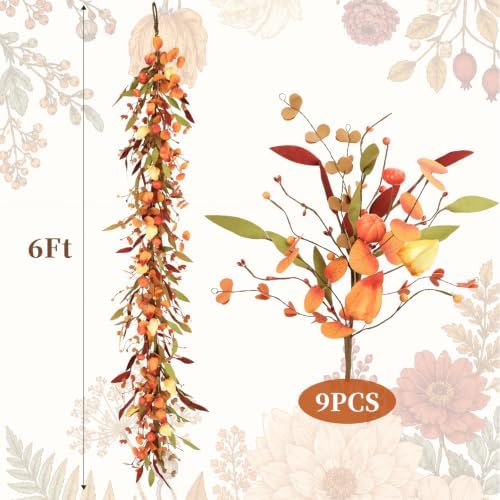 Fall Decor, Fall Garland, 6FT Autumn Eucalyptus Leaves Pumpkin Garlands - Image 4