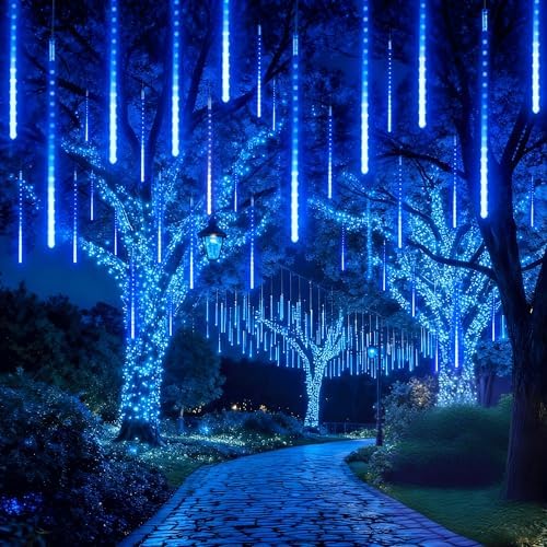 EEIEER Meteor Shower Lights, 11.8 inches 10 Tubes 240 LED Christmas Meteor Lights Snowfall Light for Outdoor Decoration, Waterproof Falling Rain Drop Light for Garden Tree Party Holiday-Blue by EEIEER