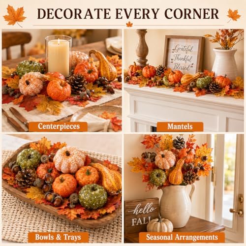 Fall Harvest Decor Set, 50-Piece Autumn Kit with Mini Pumpkin, Gourd, Maple Leaf, Acorn, Pine Cone, Thanksgiving and Halloween - Image 4