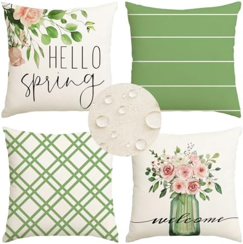 RABUSOFA Spring Pillow Covers 20x20 Inch Set of 4 Outdoor Waterproof Spring Decorations for Home,Green Farmhouse Decor Throw Decorative Pillows for Couch Patio by RABUSOFA