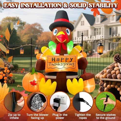 Inflatable Turkey Thanksgiving Decorations Outdoor 6FT Giant Blow up Yard Décor Outside Pilgrim Hat with Built-in LED Lights for Happy Fall Holiday Lawn Indoor Autumn Decorations - Image 6