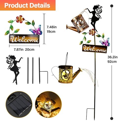 ZKLiLi Solar Hummingbird Watering Can Gifts with Lights,Outdoor Garden Fairy Welcome Sign Decor Waterproof for Patio Yard Porch Lawn Pathway Walkway Statues Gifts for Mom Grandma Women - Image 4