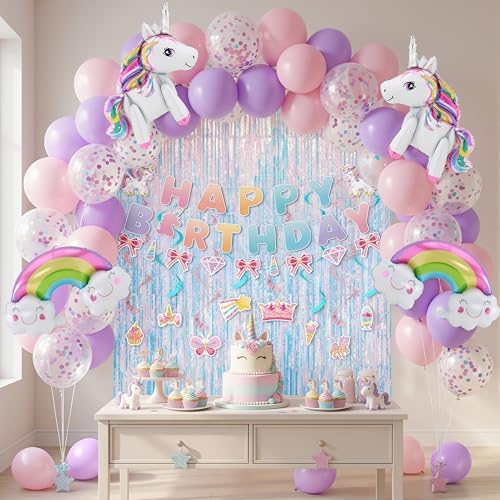 JOYIN Unicorn Magical Rainbow Birthday Party Decorations, 76PCS Unicorn Party Supplies with Banner, Foil & Latex Balloons, Spiral Swirls and Tinsel Curtains for Baby, Boys, Girls, Men & Women - Image 3