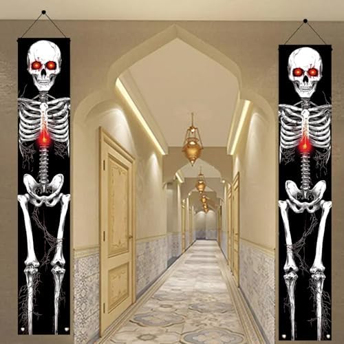 2PCS Red-Eyed Skeleton Halloween Porch Banners 71 x 12 Inch Scary Skeleton Door Decorations for Haunted House Entryway Spooky Halloween Wall Hanging Outdoor Yard Party Front Door Decor - Image 5