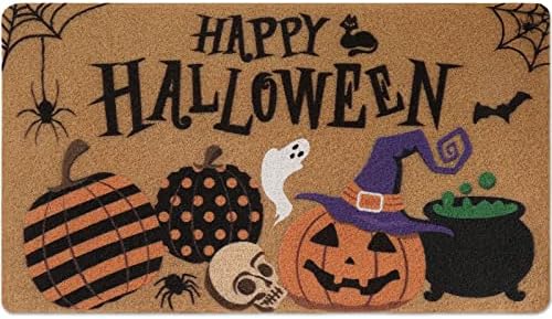 Happy Halloween Jack O'Lantern Doormat Spooky Indoor Outdoor Home Front Porch Rugs Witches Hat Brewing Carpet Gift Fall October Entrance Ornament Supplies 17 x 30 Inches by CiyvoLyeen