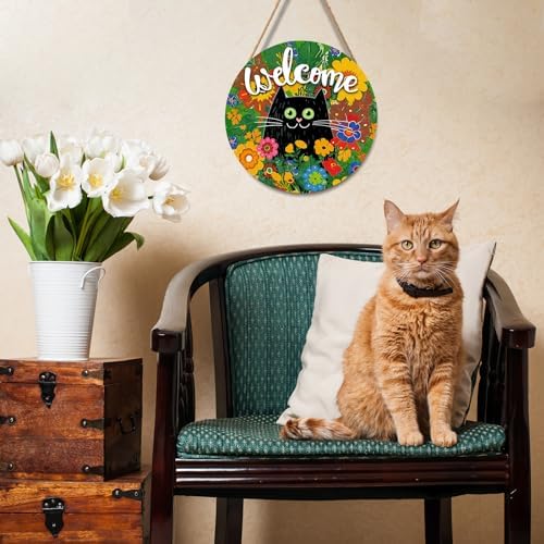 Welcome Spring Summer Black Cat Sign for Front Door Decor Spring Flowers Door Hanger for Outdoor Outside Porch Seasonal Summer Farmhouse Wooden Wreath Colorful Wall Hanging Decoration 12"x12" - Image 4