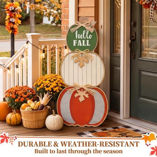 Threehoney 35 Inch Fall Stacked Pumpkins for Porch Wooden Outdoor Standing Pumpkin Decor Thanksgiving Harvest Farmhouse Sign for Yard Front Door Garden Patio Outdoor(Hello Fall,Earthy Color) - Image 6