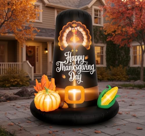 VioraWhite 6ft Thanksgiving Pilgrim Hat Inflatable Decoration with LED Fall Stacked Pumpkins Blow up Be Blessed Thanksgiving Inflatable Outdoor for Autumn Harvest Fall Garden Lawn Yard Decor - Image 4