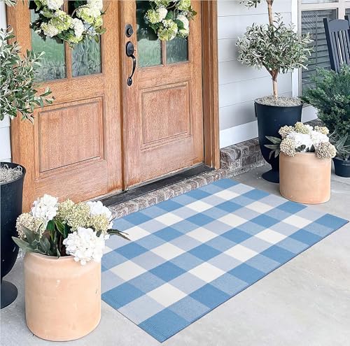 Light Blue and White Layered Doormat 27.5"x43.3",Buffalo Plaid Outdoor Rug by BUAGETUP