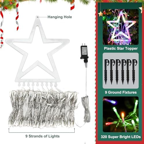 (New) Christmas Lights, Outdoor Christmas Decorations, 320 LED Waterfall String Lights, 8 Light Modes Chrsitmas Lights with 12" Star Tree Topper for Yard, Party, New Year (Multicolor) - Image 3