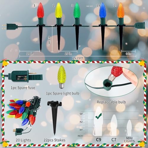 25.7ft Christmas Pathway Lights Outdoor with C9 Strawberry 20 LED Bulbs, Multicolor Christmas Walkway String Lights with Stakes for Driveway, Yard, Patio, Connectable & Weatherproof - Image 2