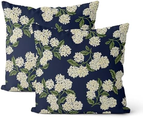 Navy Blue Spring Pillow Covers 16x16 Inch 2 Pcs Green Yellow Hydrangea Flower Decor Throw Pillows Vintage Floral Seasonal Summer Outdoor Decoration Pillowcase Linen Cushion Cover for Couch Sofa by DAFENA