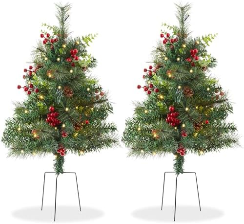 Casafield Set of 2-24" Outdoor Pathway Christmas Trees, Realistic Walkway Pre-Lit Holiday Decor with Red Berries, Pinecones, Mixed Greenery, and White LED Lights by Casafield