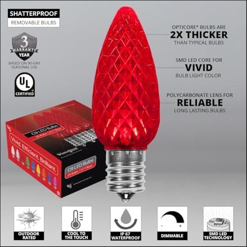 Wintergreen Lighting 25' OptiCore LED C9 Red Pathway Christmas Lights, Heavy Duty Bulbs for Driveway, Walkway Marker, 5" Commercial PathPRO Stakes, 18 Gauge Green Wire - Image 3