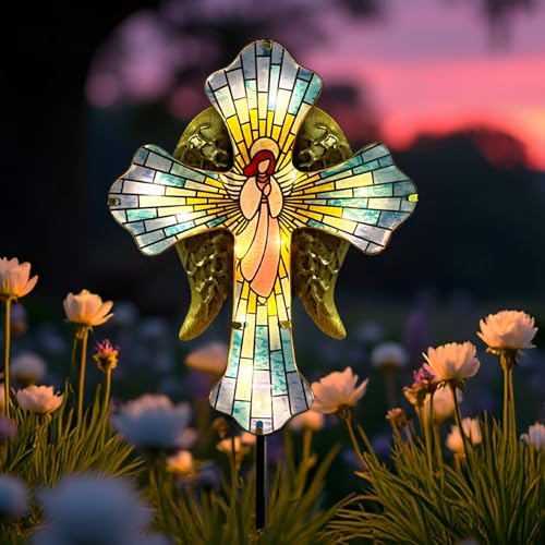 Solar Cross for Cemetery Grave,Metal Angel Wings Outdoor Yard Garden Stakes by HokfirmHomeDecorGarden